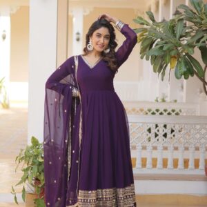 Purple Faux Blooming Gown with Sequined Dupatta ? Elegant Fully Flared Party & Wedding Set
