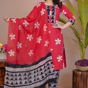 Women's Red Cotton Printed Straight Kurti with Pant & Dupatta Set