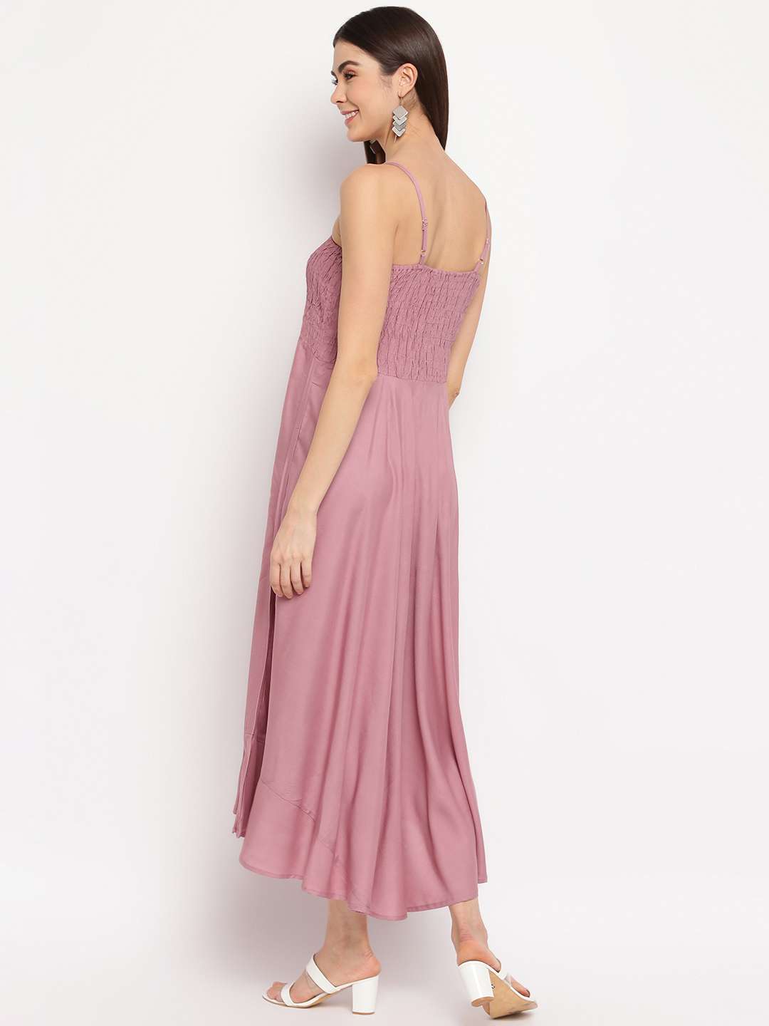 Women's Viscose Rayon Solid Shoulder Straps Sleeveless Flared Gown Drees (MAUVE) - Image 4