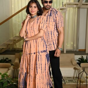 Couple Matching Peach Printed Cotton Anarkali Midi Dress & Shirt Set ? Summer Casual Wear