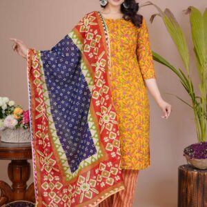 Women's Yellow Cotton Printed Straight Kurti with Pant & Dupatta Set