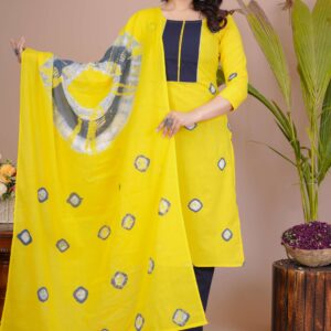 Women's Yellow & Navy Cotton Tie-Dye Straight Kurti with Pant & Dupatta Set
