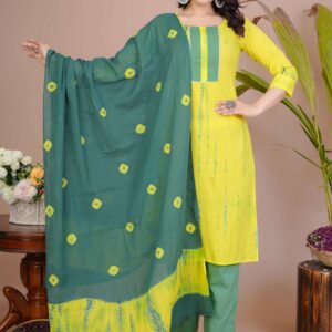 Women's Yellow & Green Cotton Tie-Dye Straight Kurti with Pant & Dupatta Set