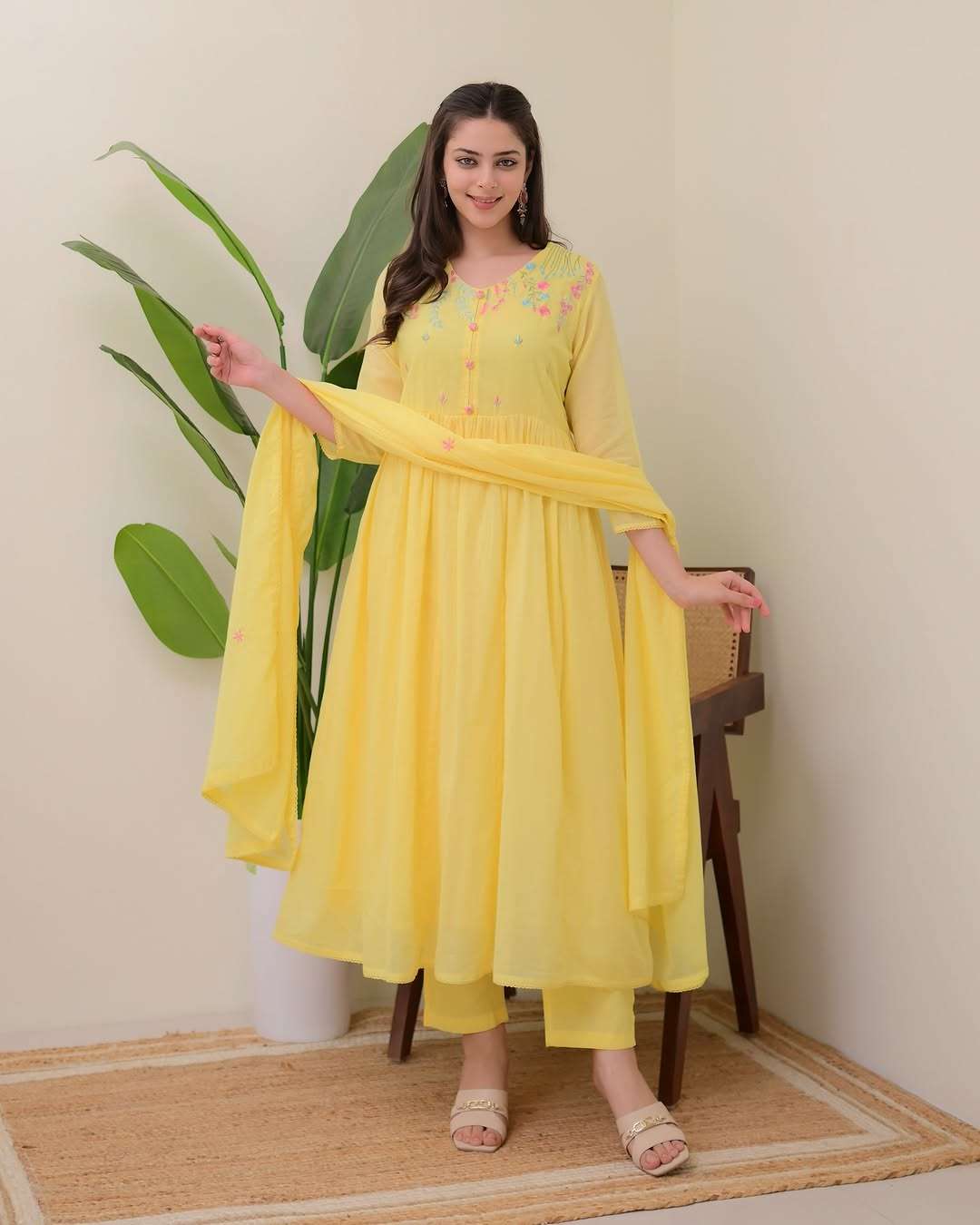 Women's Cotton Embroidered Anarkali Kurti With Pant and Dupatta set - Image 3