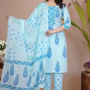 Women's Light Blue Cotton Printed Straight Kurti with Pant & Dupatta Set