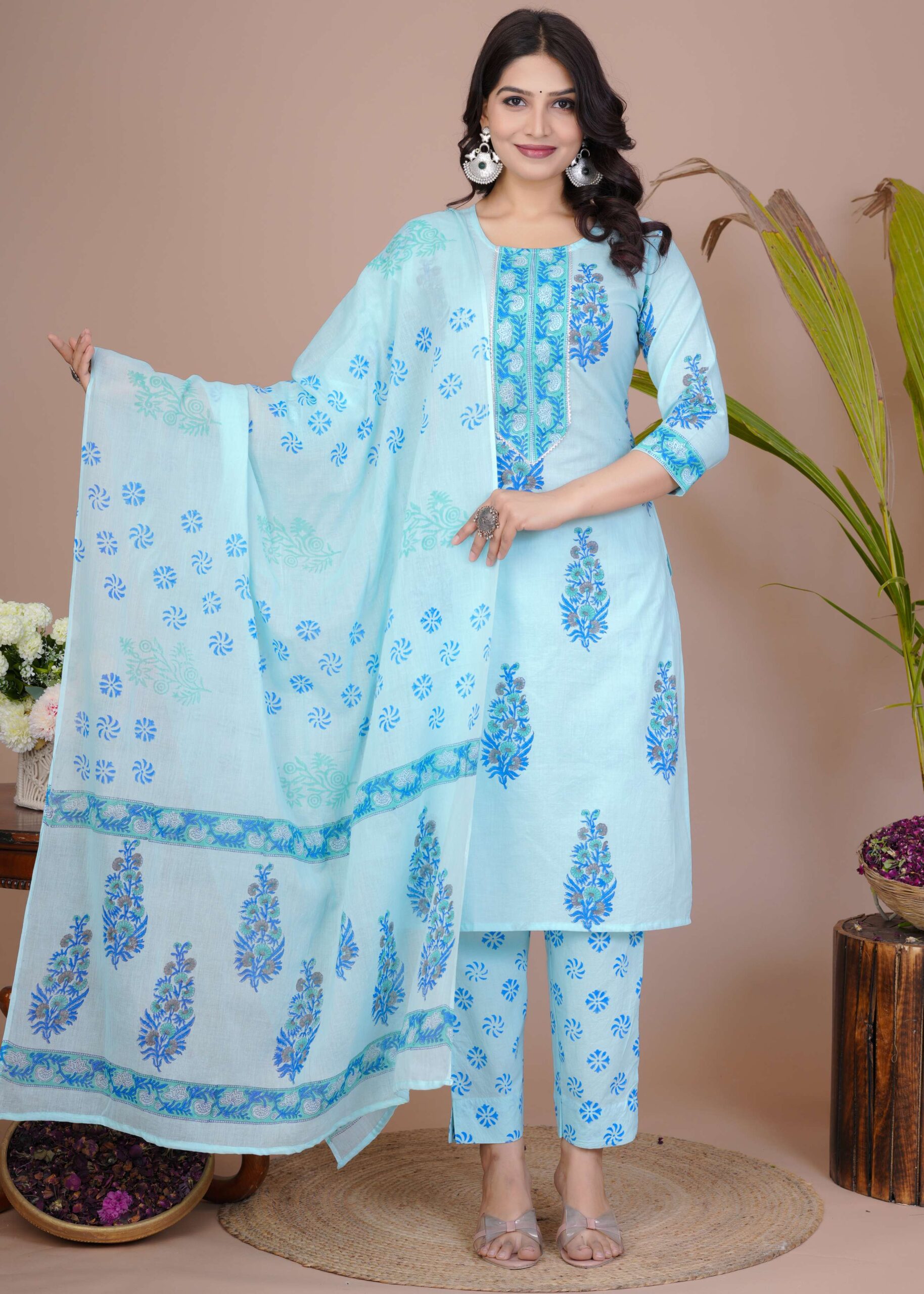 Women's Light Blue Cotton Printed Straight Kurti with Pant & Dupatta Set