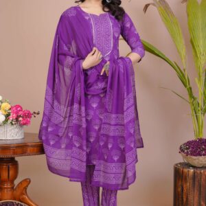 Women's Violet Cotton Printed Straight Kurti with Pant & Dupatta Set