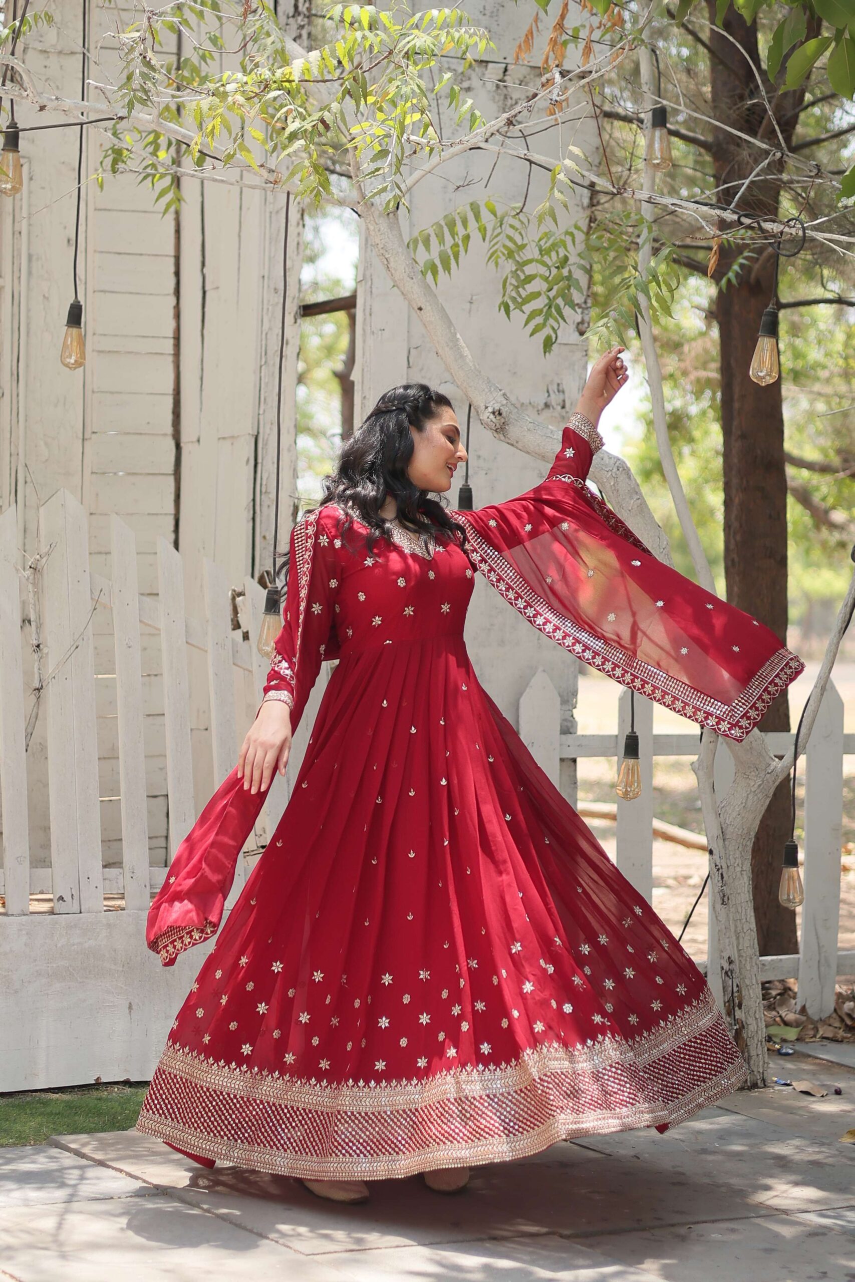 Maroon Designer Faux Blooming Anarkali Gown with Sequins Embroidered Dupatta ? Wedding & Festive Wear - Image 4