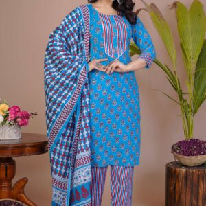 Women's Blue Cotton Printed Straight Kurti with Pant & Dupatta Set