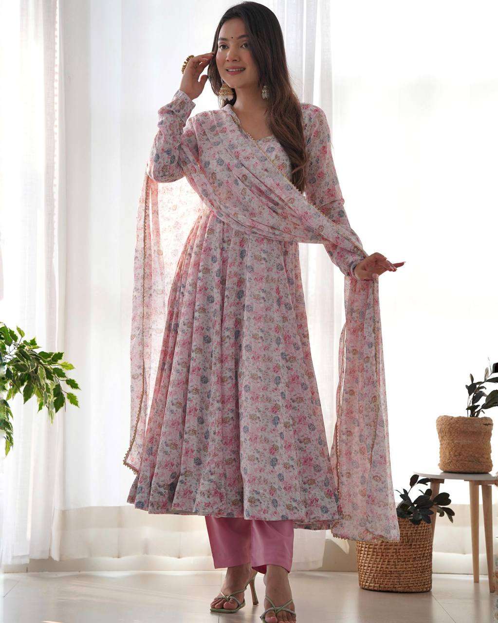 Womens Crunchy Silk Anarkali Kurti with Pant & Dupatta Set - Image 6
