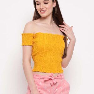 Women's Rayon Solid Off-Shoulder Smocked Crop Top Short Sleeve Casual Styles Tank Top (FREE SIZE) Multi24